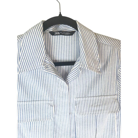2/$30 ZARA Womens Small Blue & White Striped Long Sleeve Cropped Shirt - Picture 8 of 12